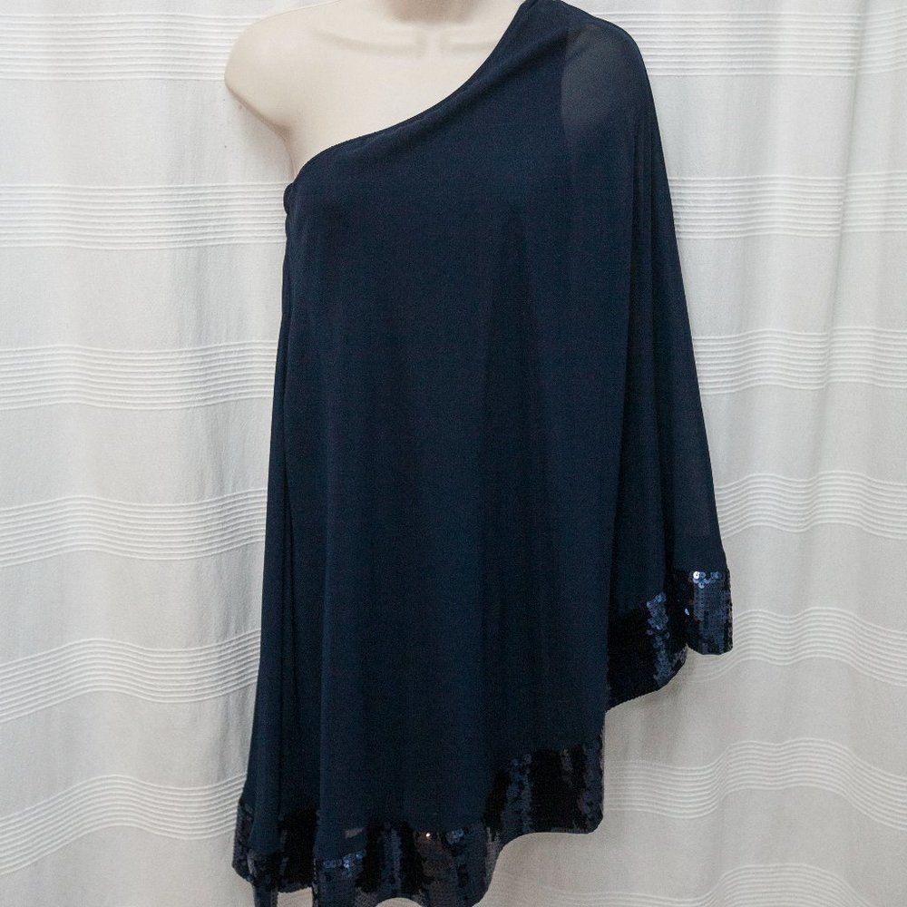Navy Asymmetrical Sequined Cape Dress